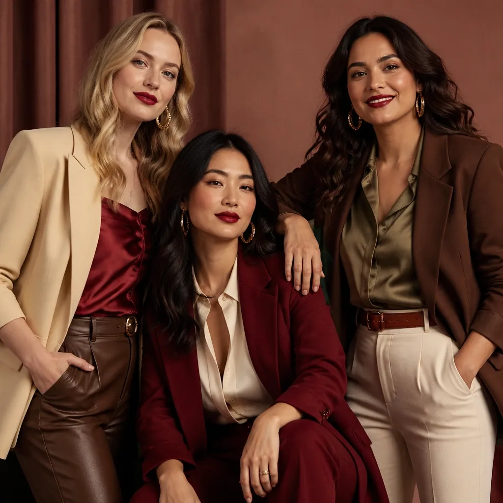 Three confident women — white, East Asian, and Latina — in bold tailored fashion looks