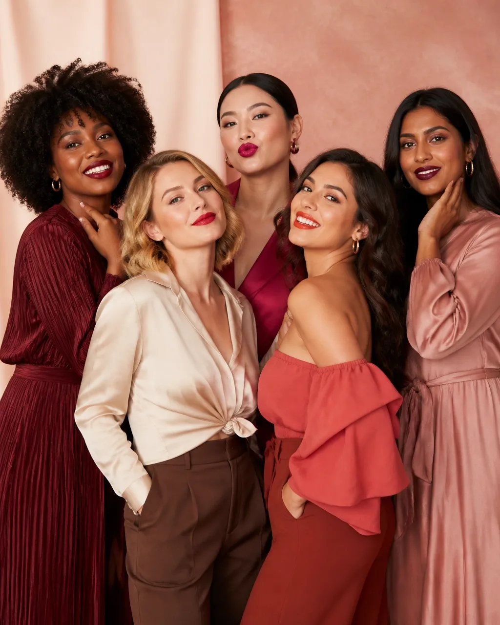 Five diverse women — Black, white, East Asian, Latina, and Indian — posing together in bold lipstick and fashion-forward outfits