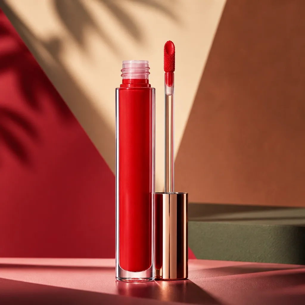 Anointed commanding red lip color in a clear glossy tube with a visible doe-foot wand applicator