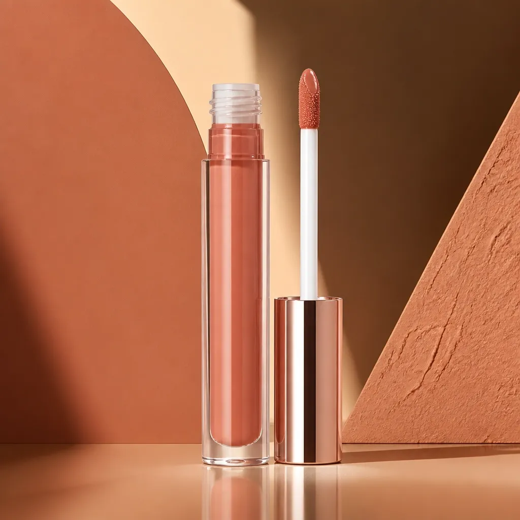 Beloved golden honey rose lip color in a clear glossy tube with a visible doe-foot wand applicator