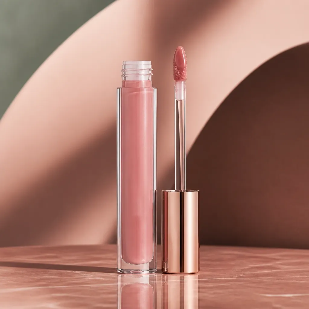 Blessed soft petal pink lip color in a clear glossy tube with a visible doe-foot wand applicator