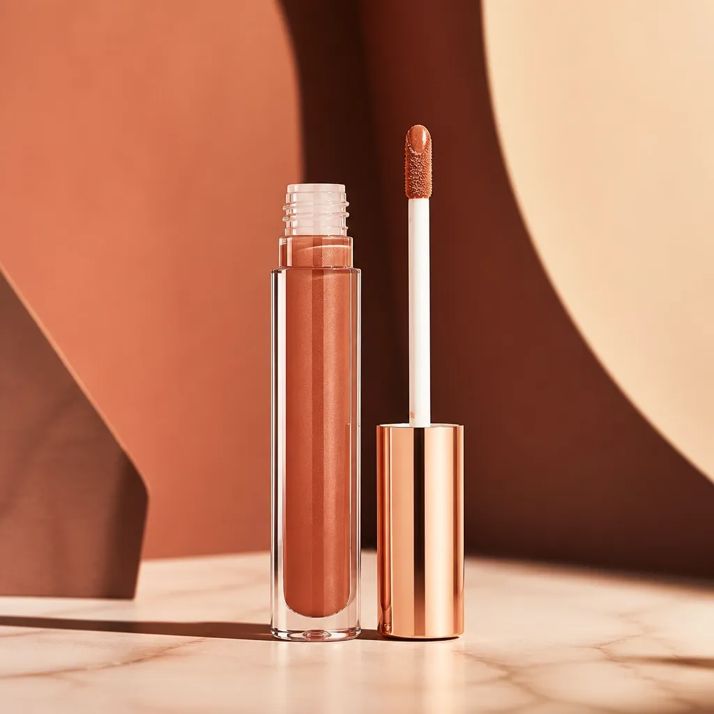 Covenant warm brown nude lip color in a clear glossy tube with a visible doe-foot wand applicator