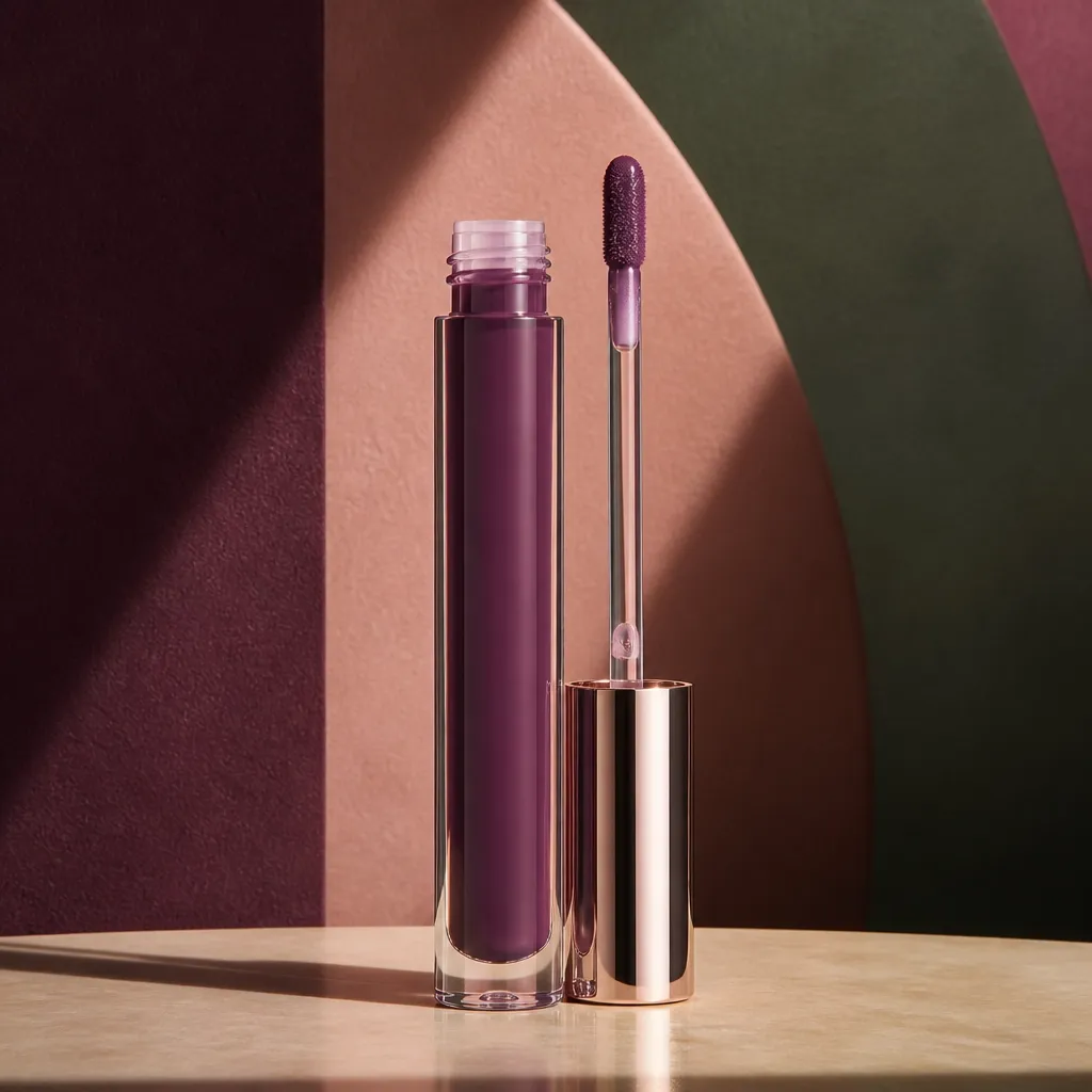 Holy smoky plum lip color in a clear glossy tube with a visible doe-foot wand applicator