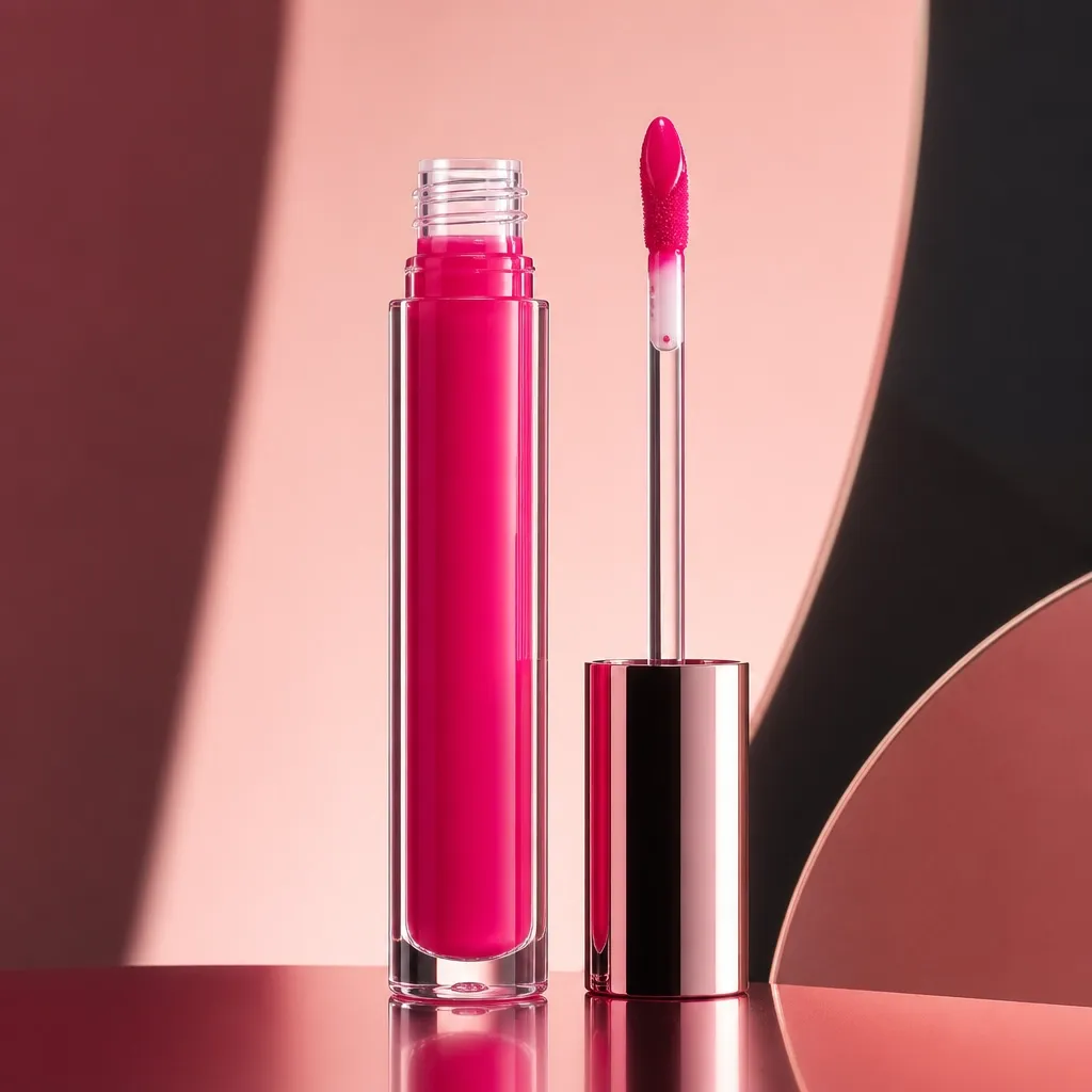 Radiant luminous pink lip color in a clear glossy tube with a visible doe-foot wand applicator